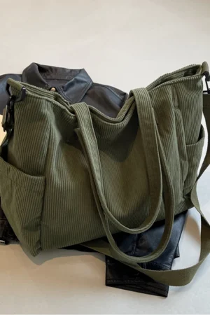 Women Corduroy Tote Bag Casual Multi Pocket Handbag Adjustable Strap Crossbody Sling Bag Zipper Shoulder Bag Fall Winter Bag
