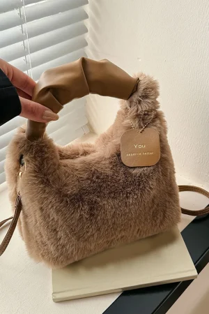 Women Faux Fur Plush Handbags Ruched Handle Small Lady Shoulder Crossbody Bag Casual Tote Half-Moon Hobos Winter Bags for Women