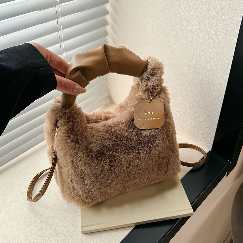 Women Faux Fur Plush Handbags Ruched Handle Small Lady Shoulder Crossbody Bag Casual Tote Half-Moon Hobos Winter Bags for Women